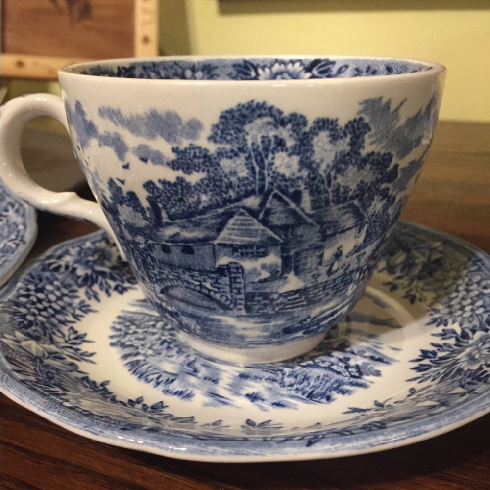 Vintage blue, 2 teacups saucers, English Village